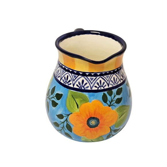 Spanish Talavera Hand Painted Pottery Pitcher Vase, Vintage  Hand Painted Ceramic Pitcher /Floral and Striped Talavera style  5.5 \